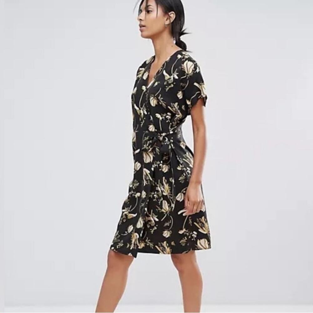 Just Female Elay Warp Dress Black Yellow Floral Print Mini Size Medium
